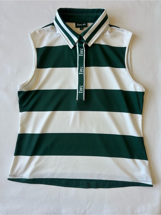 Fore All Tops - Fore All Green and White Striped Sleeveless Polo Tank